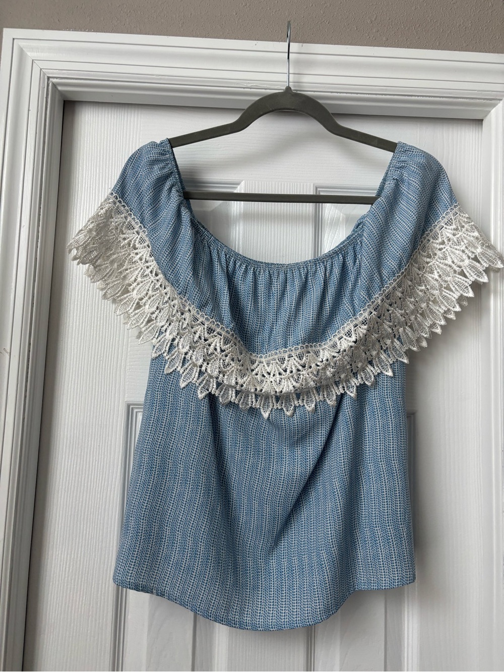 Sage Light Blue Off-Shoulder Top with Cream Lace Trim